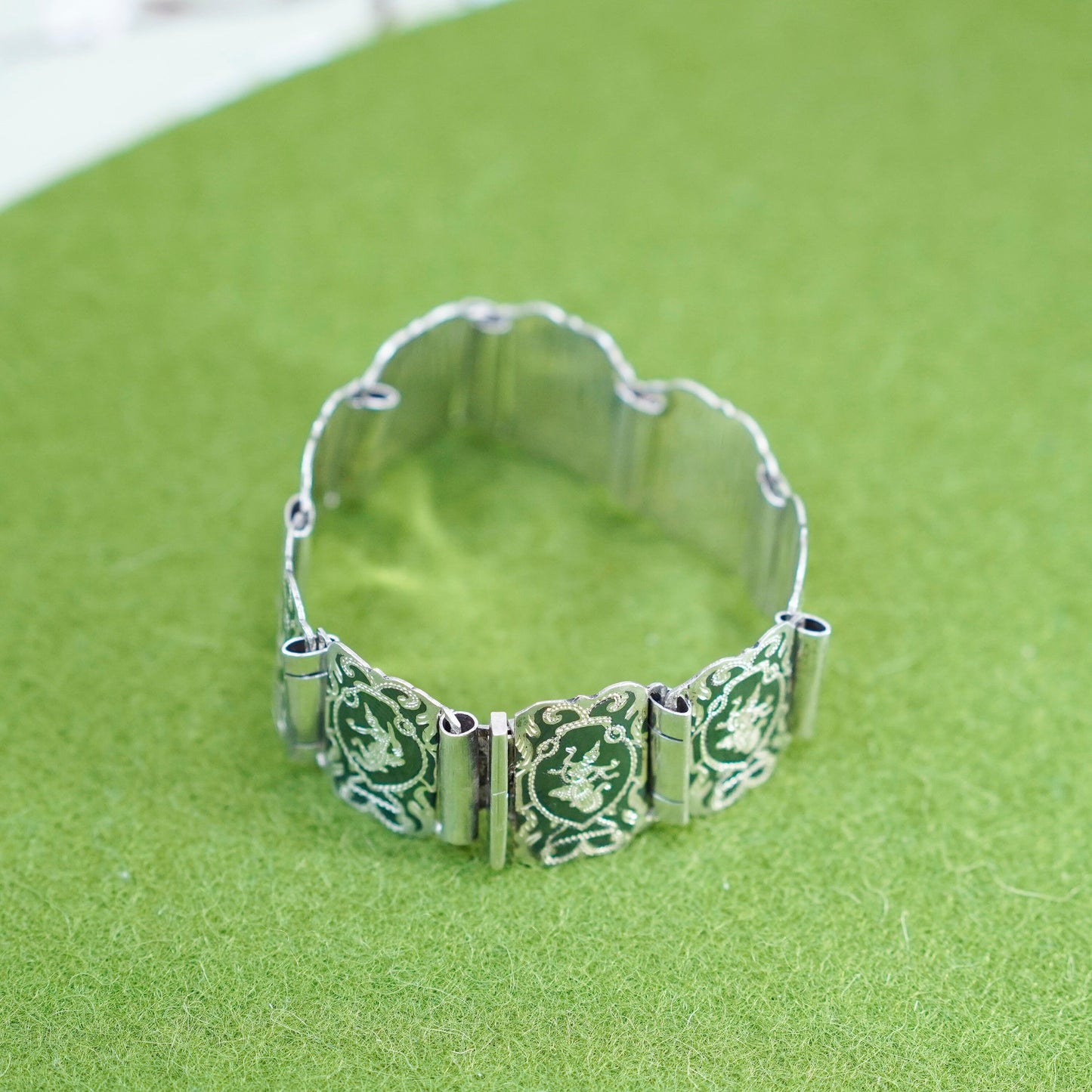 6”, Vintage Indian Siam 925 sterling silver wide bracelet engraved goddess