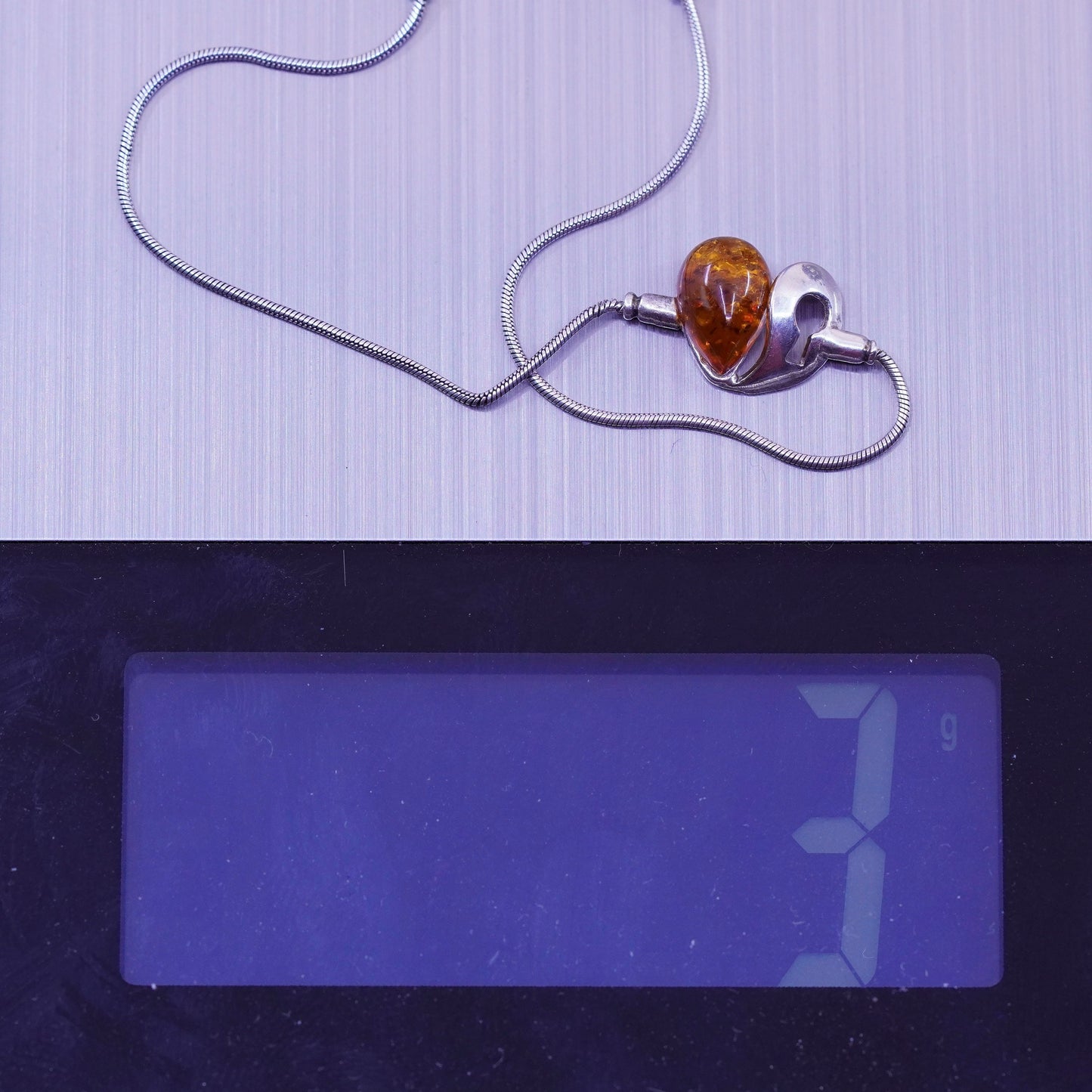 7.25”, Vintage sterling 925 silver handmade bracelet with amber heart and key