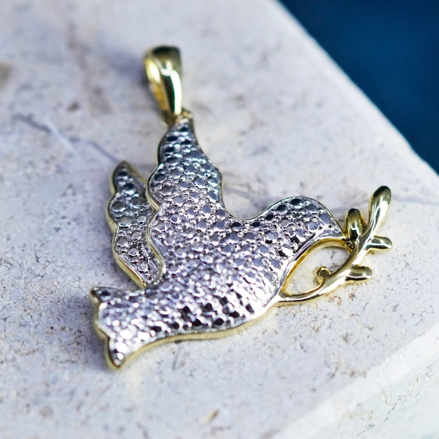 vermeil gold over sterling silver handmade pendant, 925 peace dove bird diamond