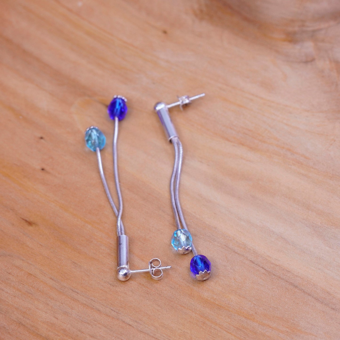 Vintage Sterling 925 silver handmade long earrings with blue Swarovski crystal