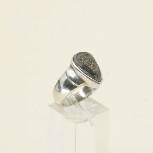 Sz 7.5, Vtg Sterling Silver Ring w/ Teardrop druzy quartz Stone MR-1