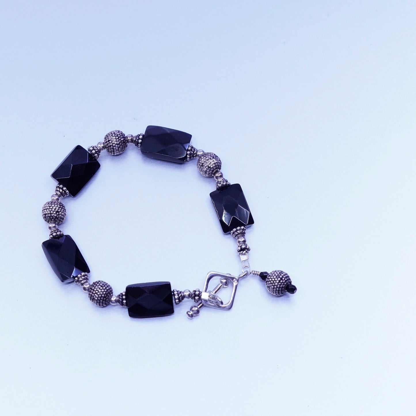 6.5”, vintage bali Sterling 925 silver bracelet with obsidian beads