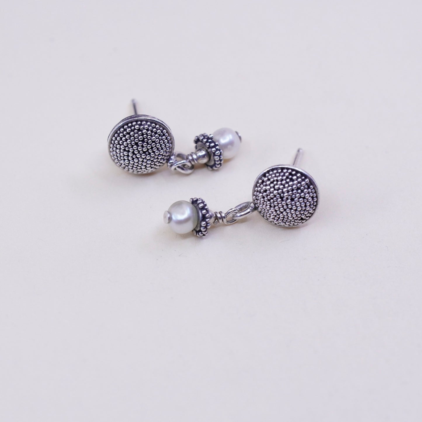 Vintage sterling 925 silver handmade textured earrings with pearl dangles