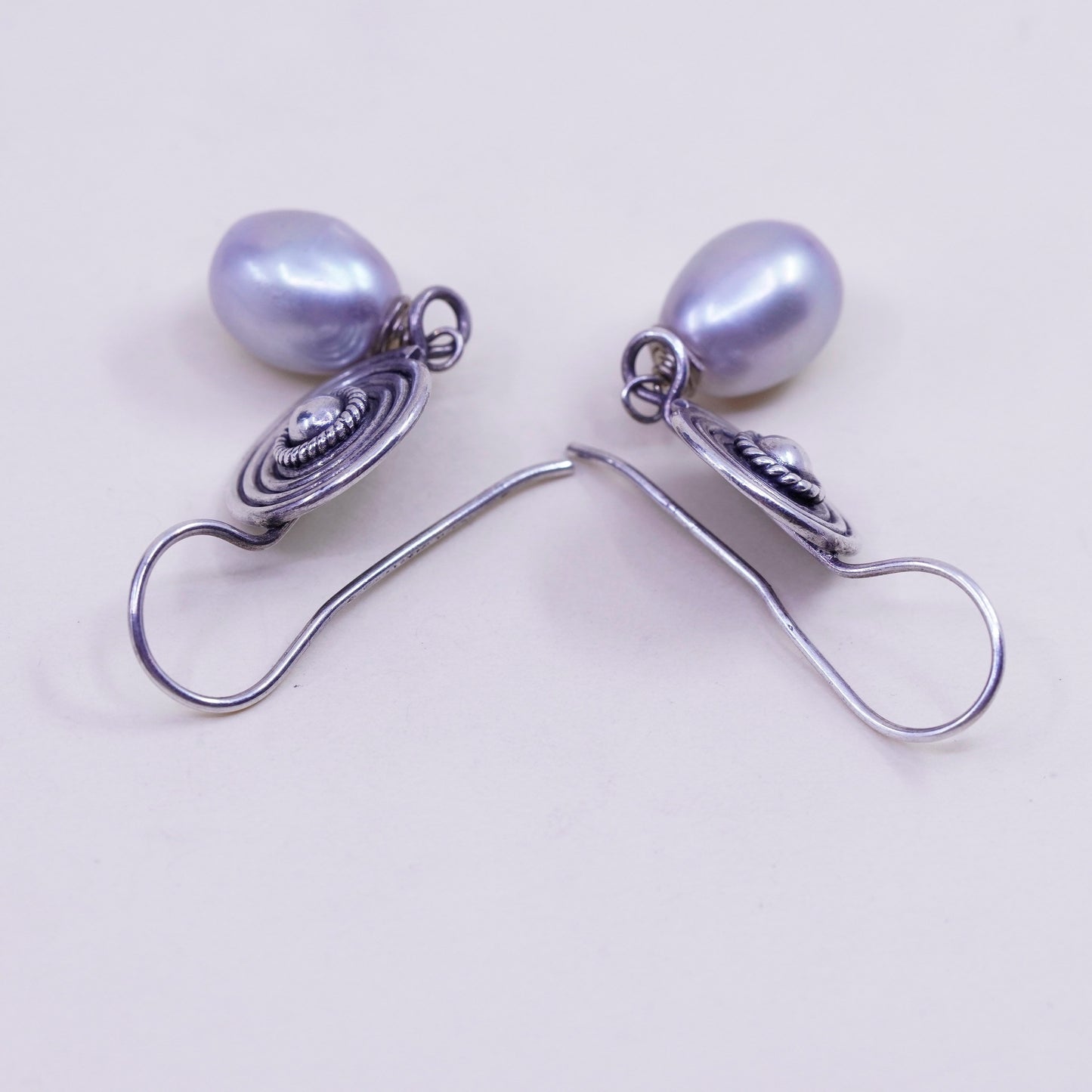Vintage Sterling silver handmade earrings, 925 swirly dangles with pearl