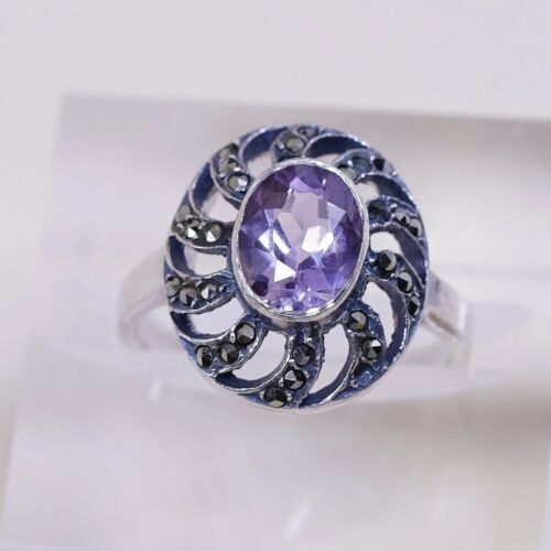 Sz 7.5 Vtg Sterling Silver Handmade Ring, 925 w/ Amethyst n marcasite inlay