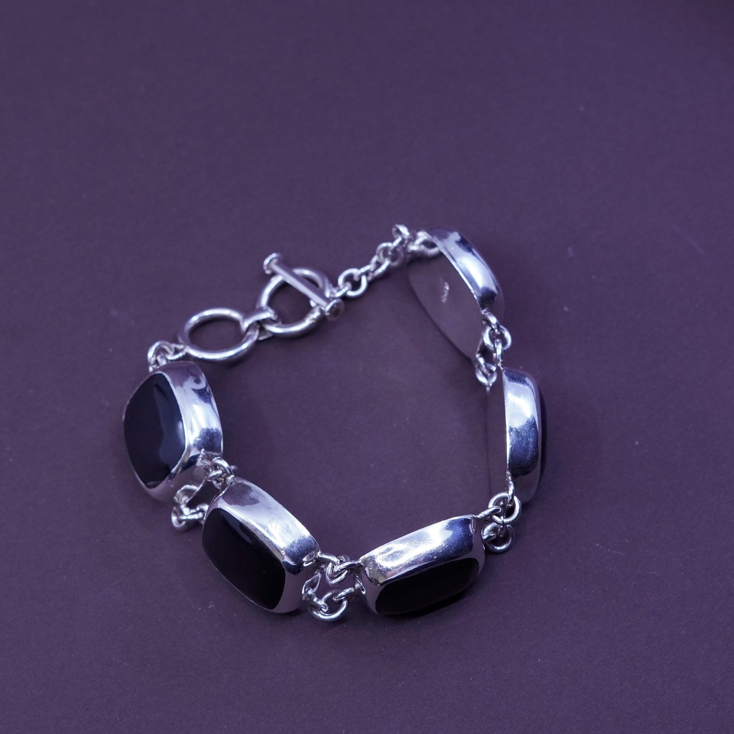 7.5+0.5”, vintage Sterling silver handmade bracelet, Mexico 925 w/ square onyx
