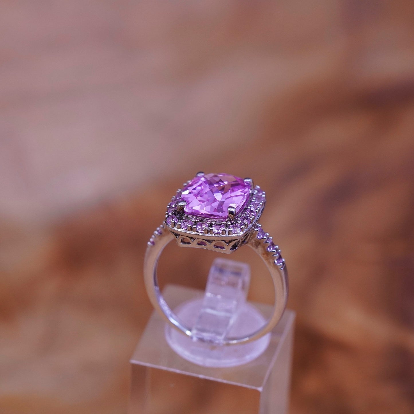 Size 8.5, vintage Sterling 925 silver handmade cocktail ring with pink crystal