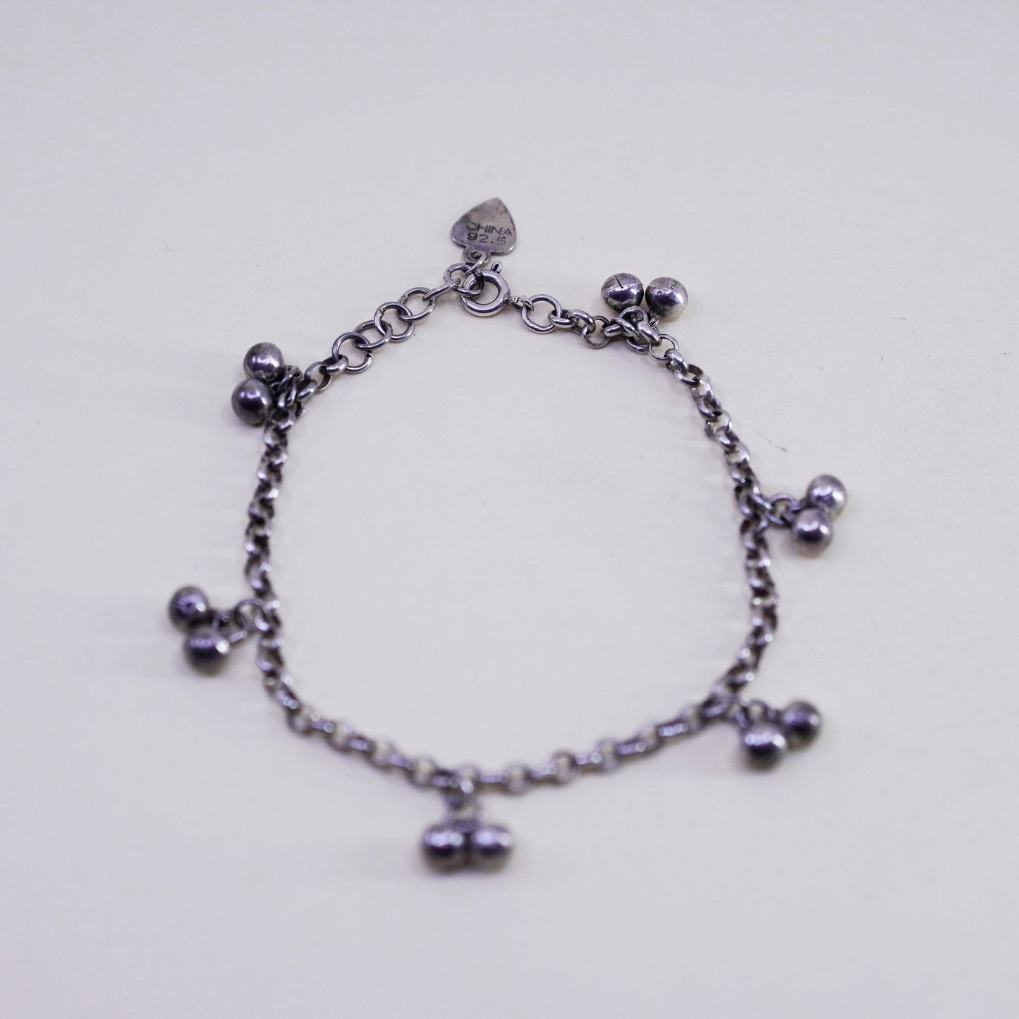 7.75”, Sterling Silver Bracelet, 925 belly dancer chain with chime bell charms