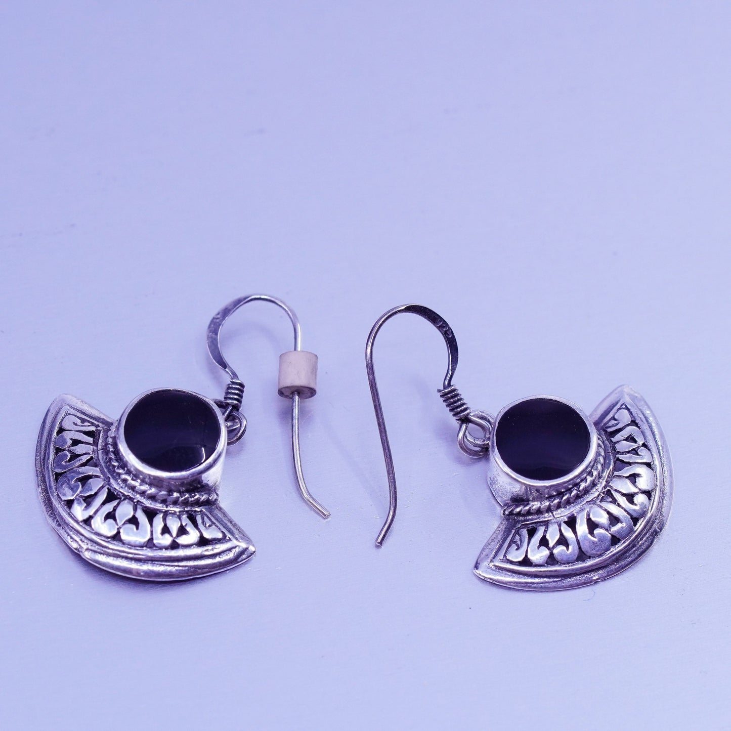 Vintage Sterling 925 silver handmade textured earrings with obsidian