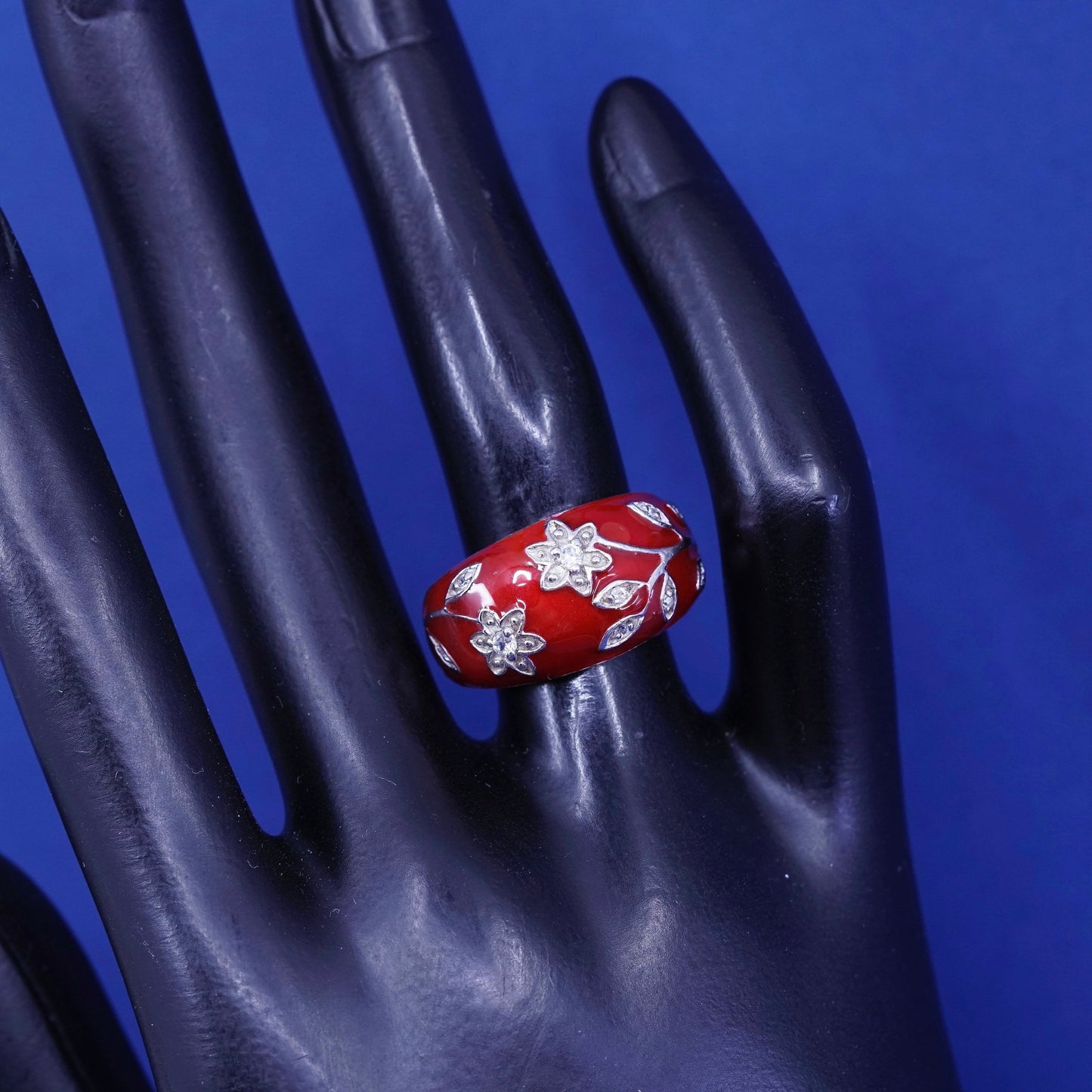 Size 6, vtg Sterling silver handmade ring, 925 red enamel band with flower Cz