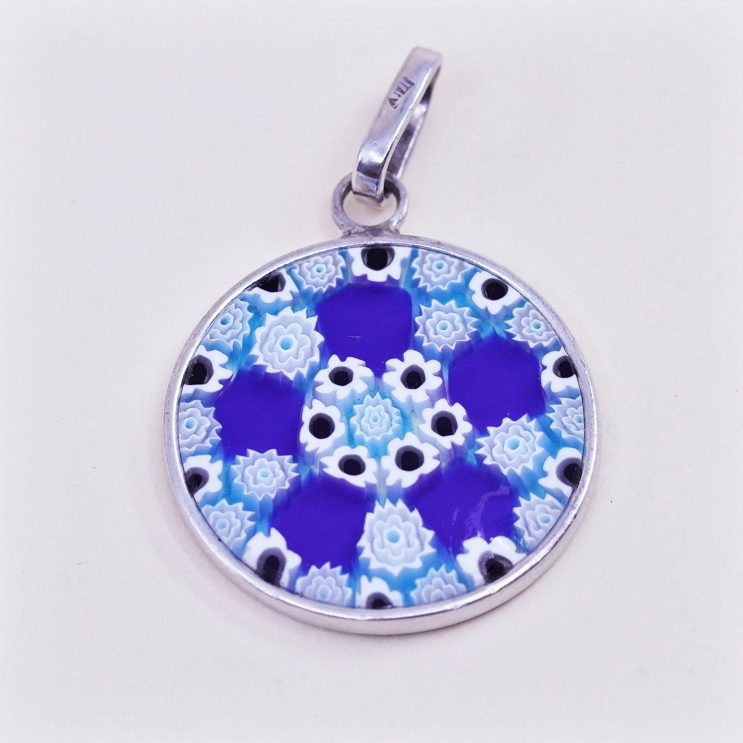 Italy sterling 925 silver handmade artisan blue murano floral glass pendant