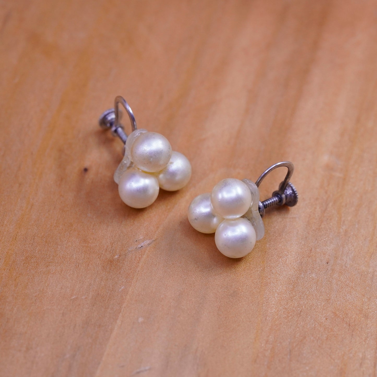 Vintage Sterling 925 silver screw handmade earrings with pearl