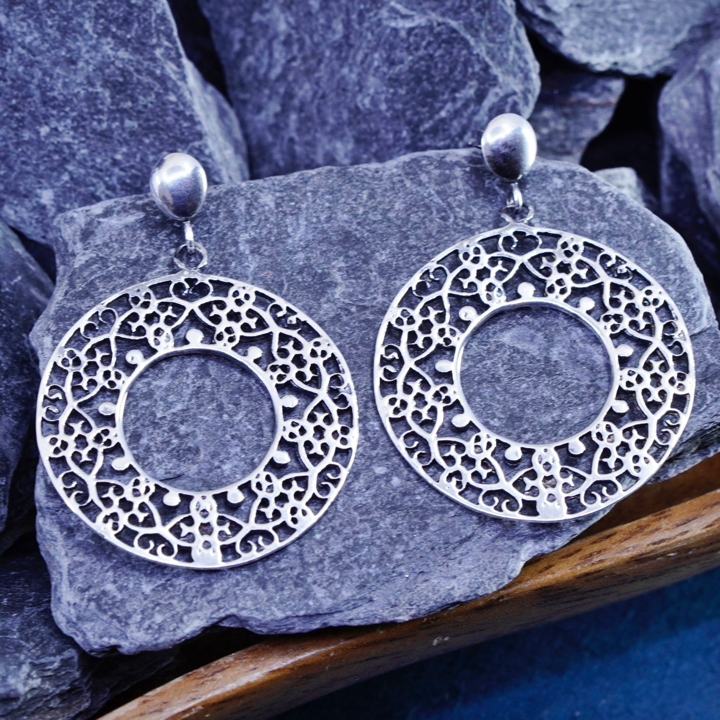 Vintage Sterling silver handmade earrings, 925 Bali filigree circle drops