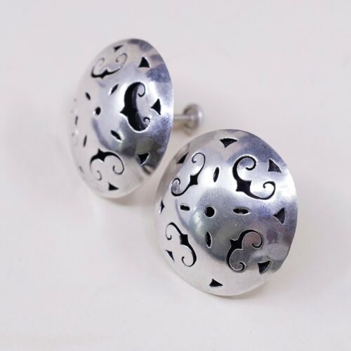 Vtg Sterling 925 Silver Handmade Screw Back Earrings Embossed Swirl Cut Out