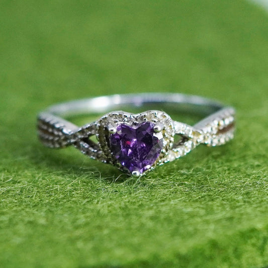 Size 10, Sterling 925 silver handmade stackable ring with amethyst heart cz