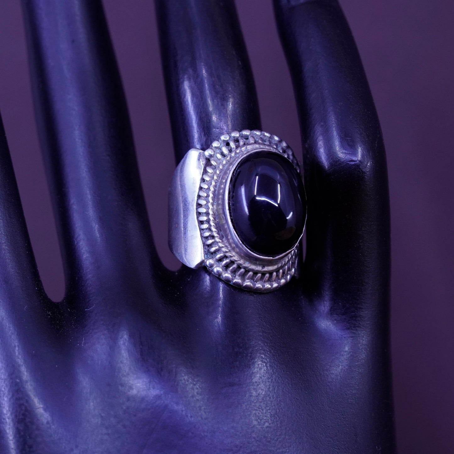 Size 7, vintage Sterling 925 silver handmade ring with oval obsidian and beads