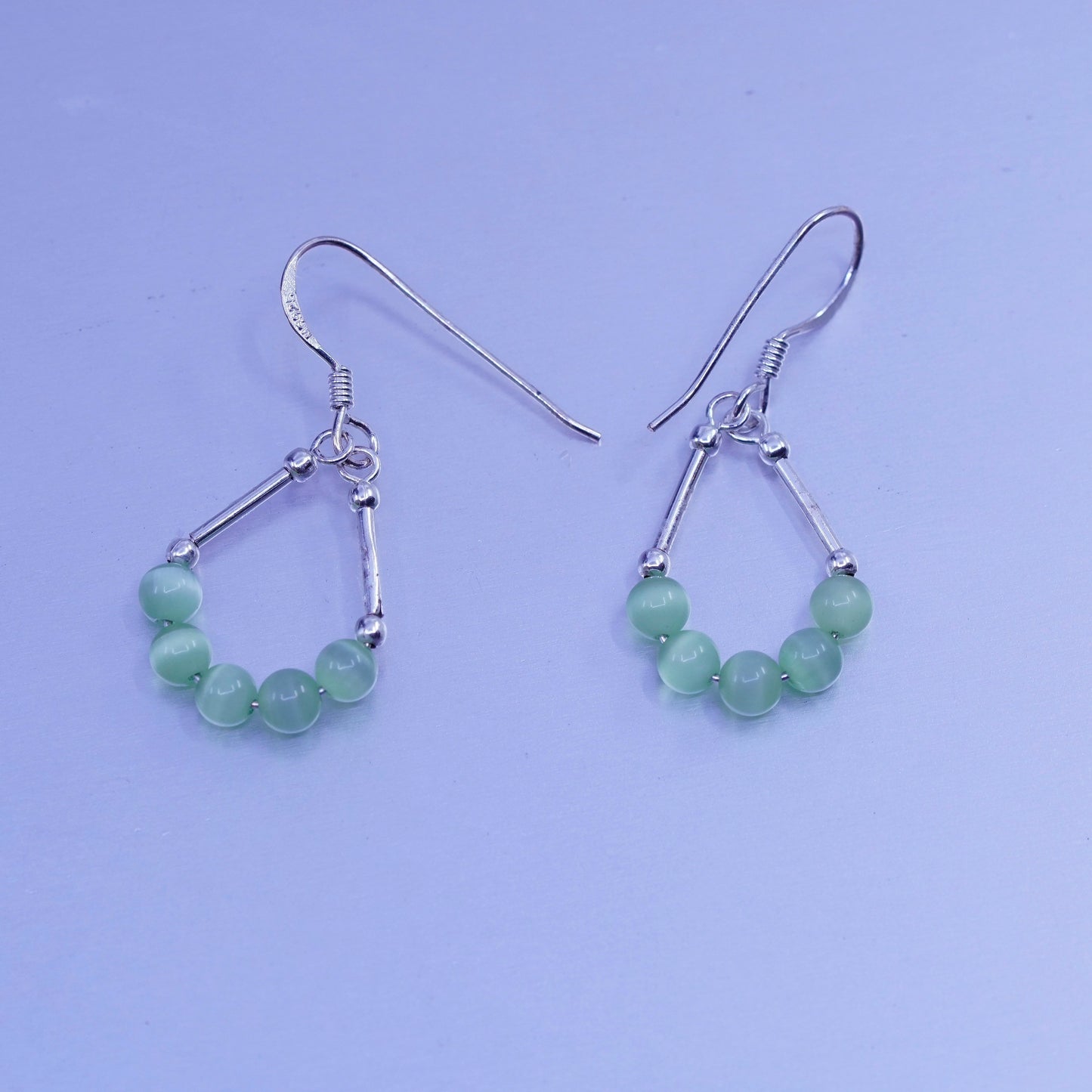Vintage Sterling 925 silver teardrop earrings with green cats eye beads