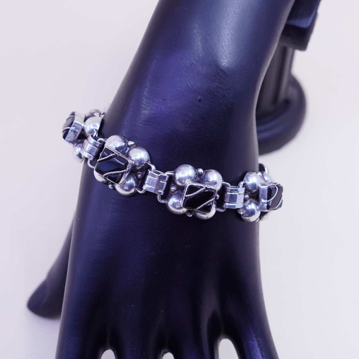 6.5”, vintage sterling 925 silver handmade tennis bracelet with obsidian beads