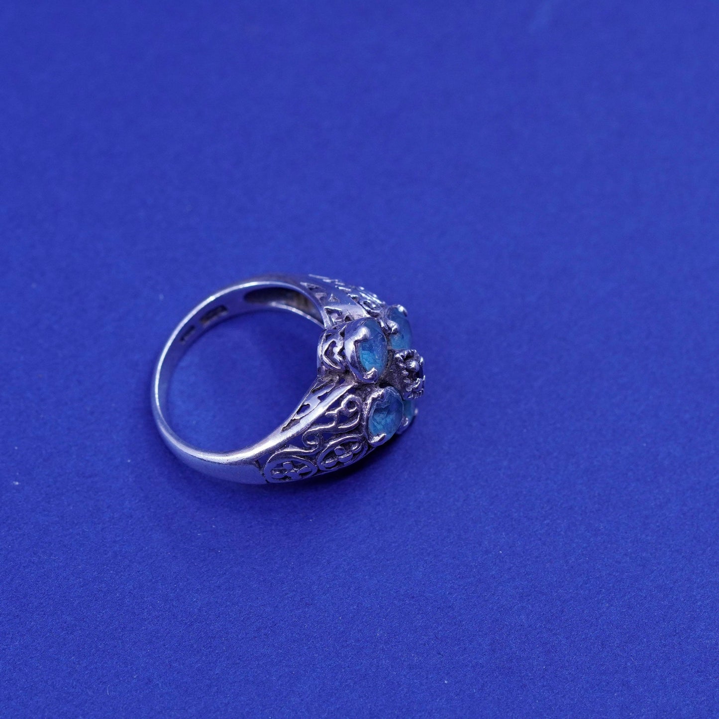 Size 6, vtg Sterling silver engagement ring, 925 filigree band topaz sapphire
