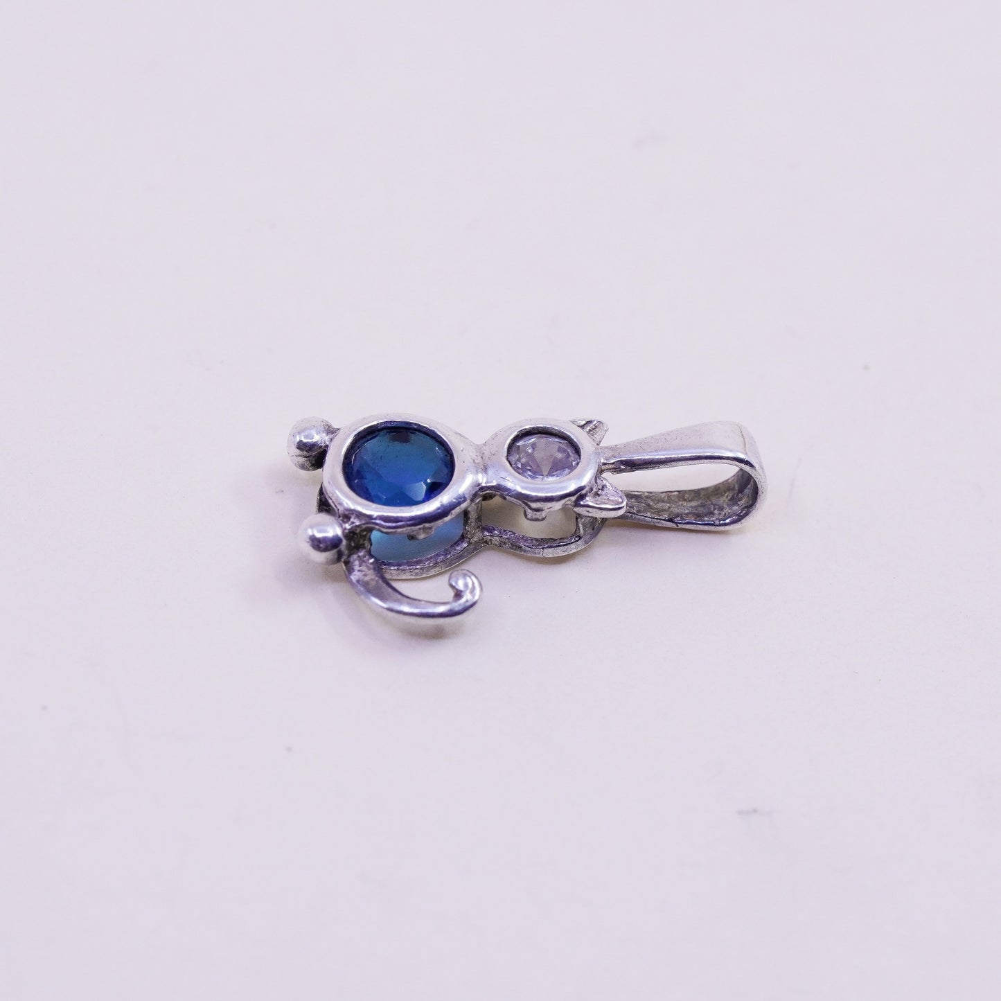 Sterling 925 silver cat kittie puppy birthstone pendant charm with blue Cz