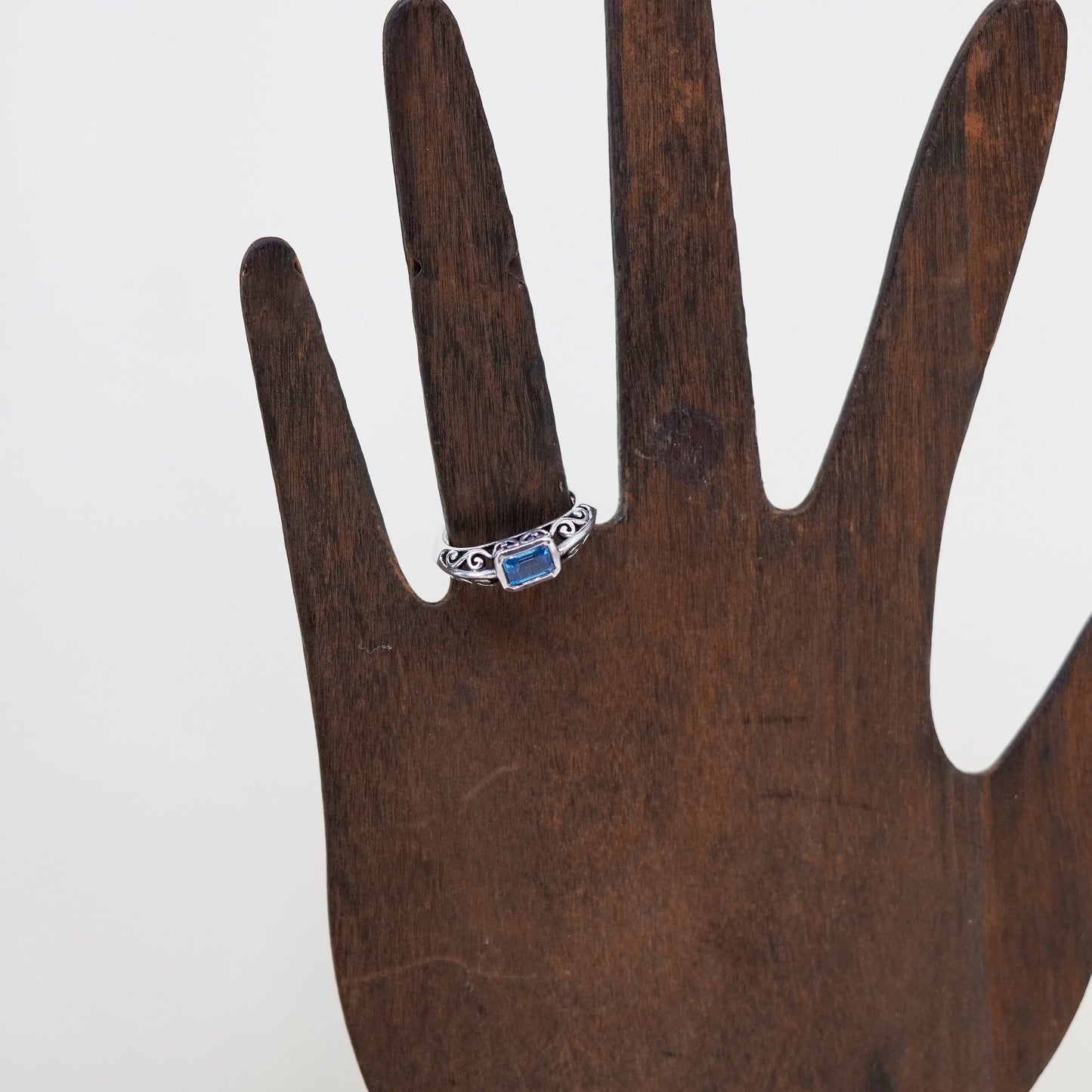 Size 6, vintage Sterling silver ring, 925 stackable filigree band w/ blue topaz