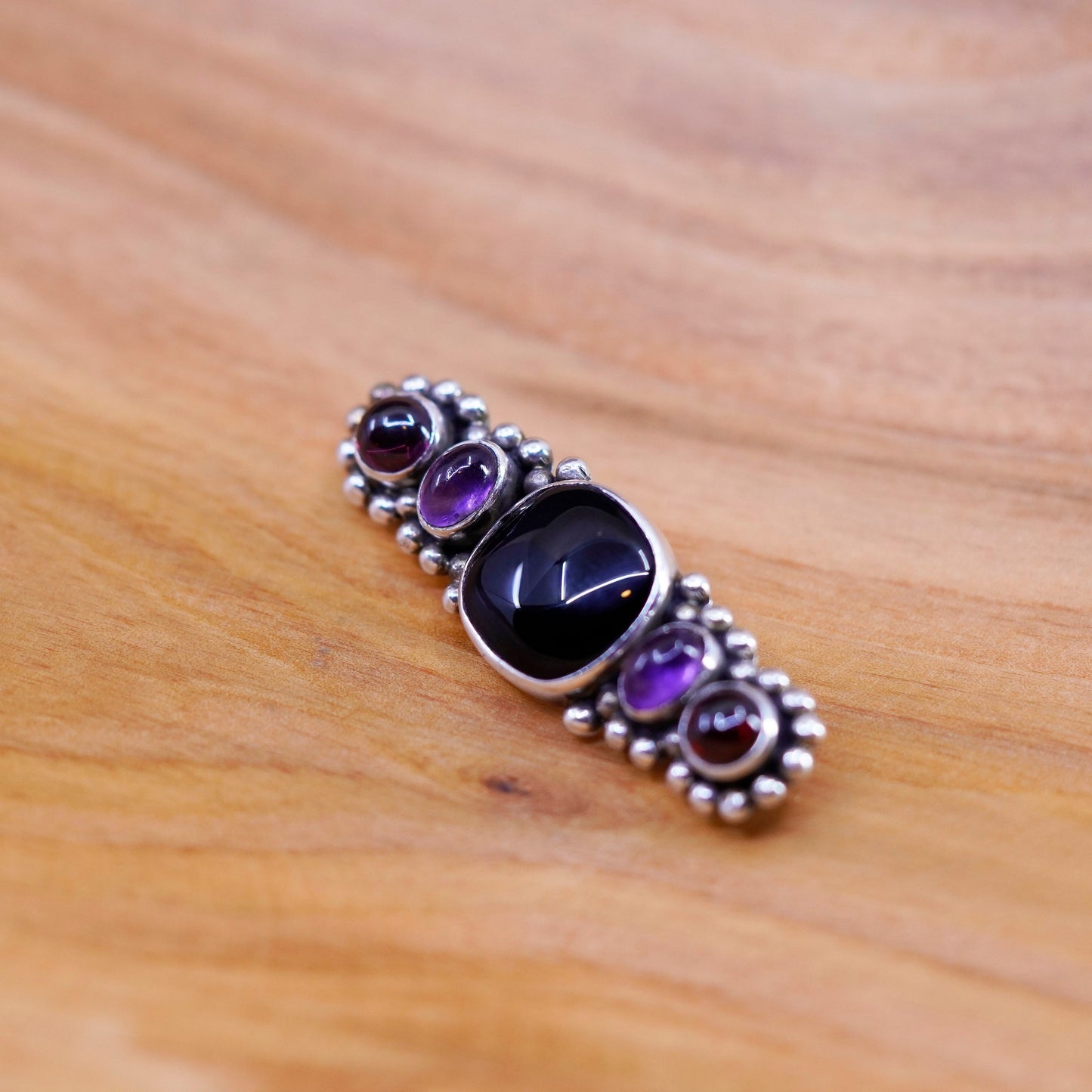 Vintage handmade sterling silver brooch, 925 pin with amethyst onyx with beads