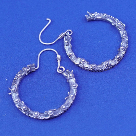 1.5”, Vintage Sterling silver handmade earrings, bali wired 925 hoops