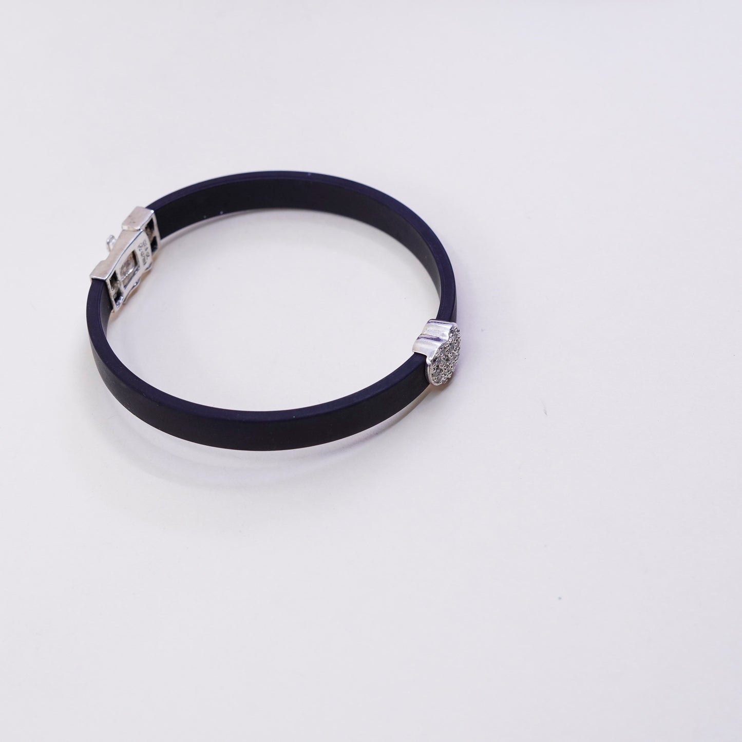 7”, Vintage black rubber bracelet with sterling 925 silver heart and cluster Cz