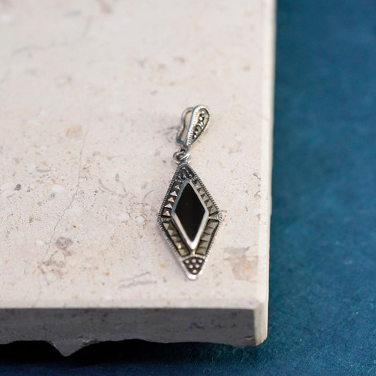 Vintage Sterling 925 silver handmade pendant with onyx and marcasite