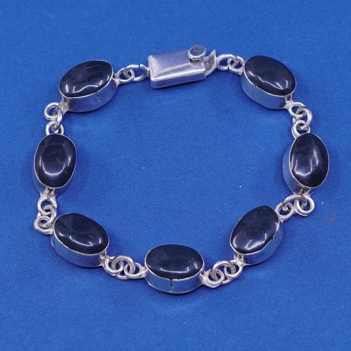 7", vtg Sterling silver handmade tennis bracelet, mexico 925 w/ obsidian