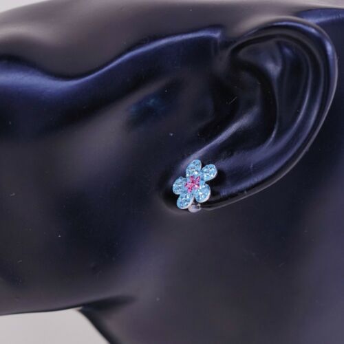 Vintage Sterling Silver Handmade Earrings, 925 Blue Flower Studs W/ Cluster Cz
