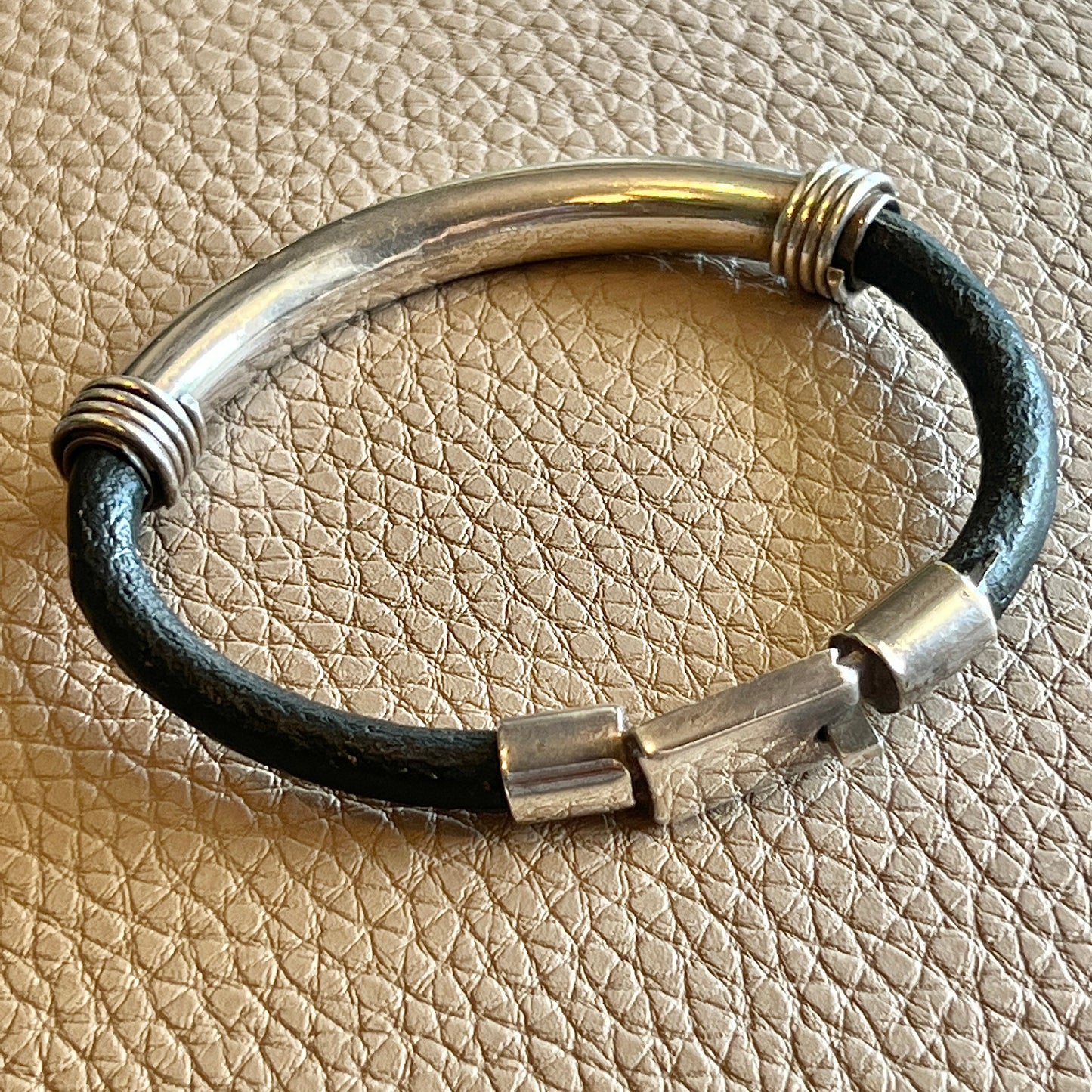 6.5”, Vintage black leather chain bracelet with sterling 925 silver slide bar