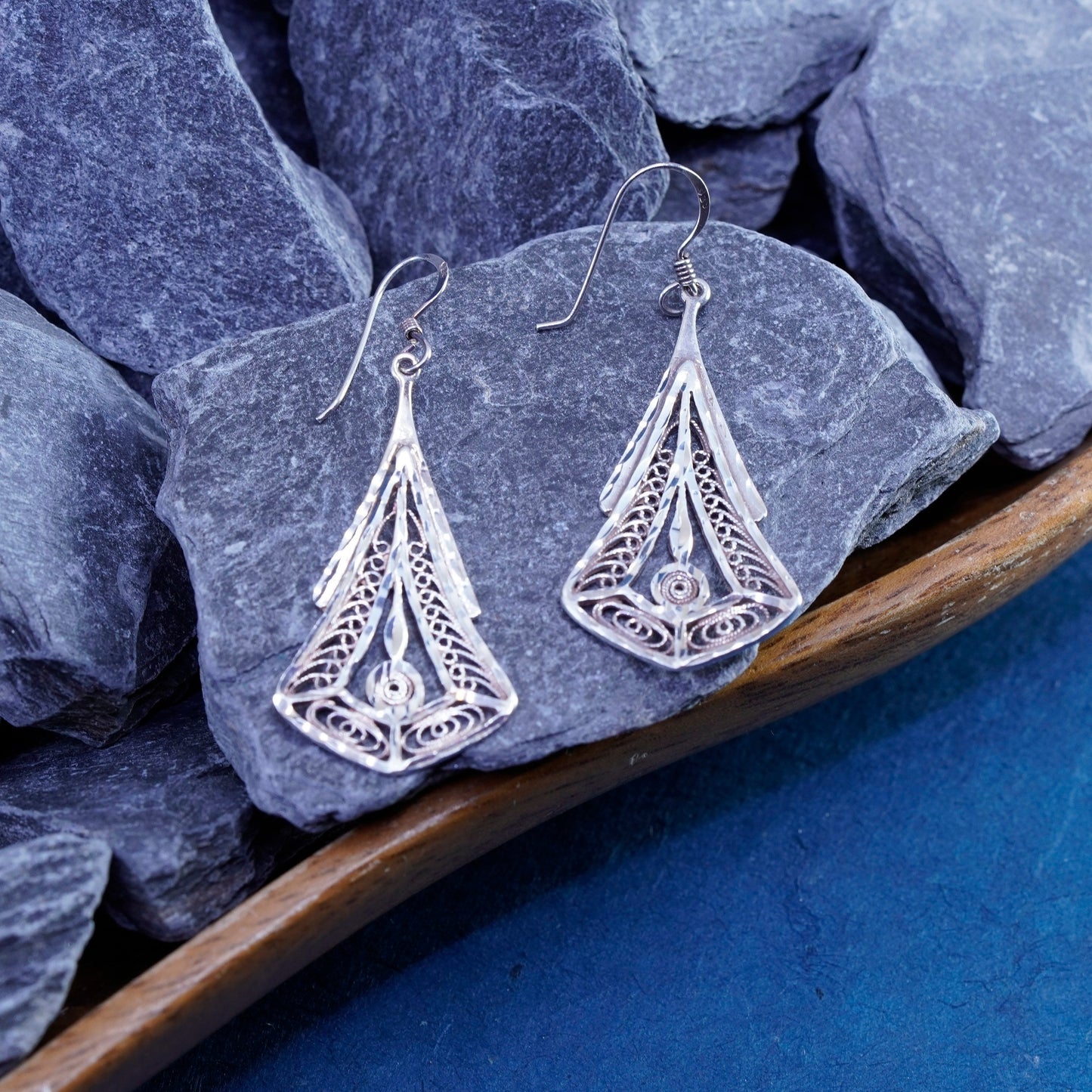 Vintage sterling silver handmade earrings, 925 filigree teardrop drop