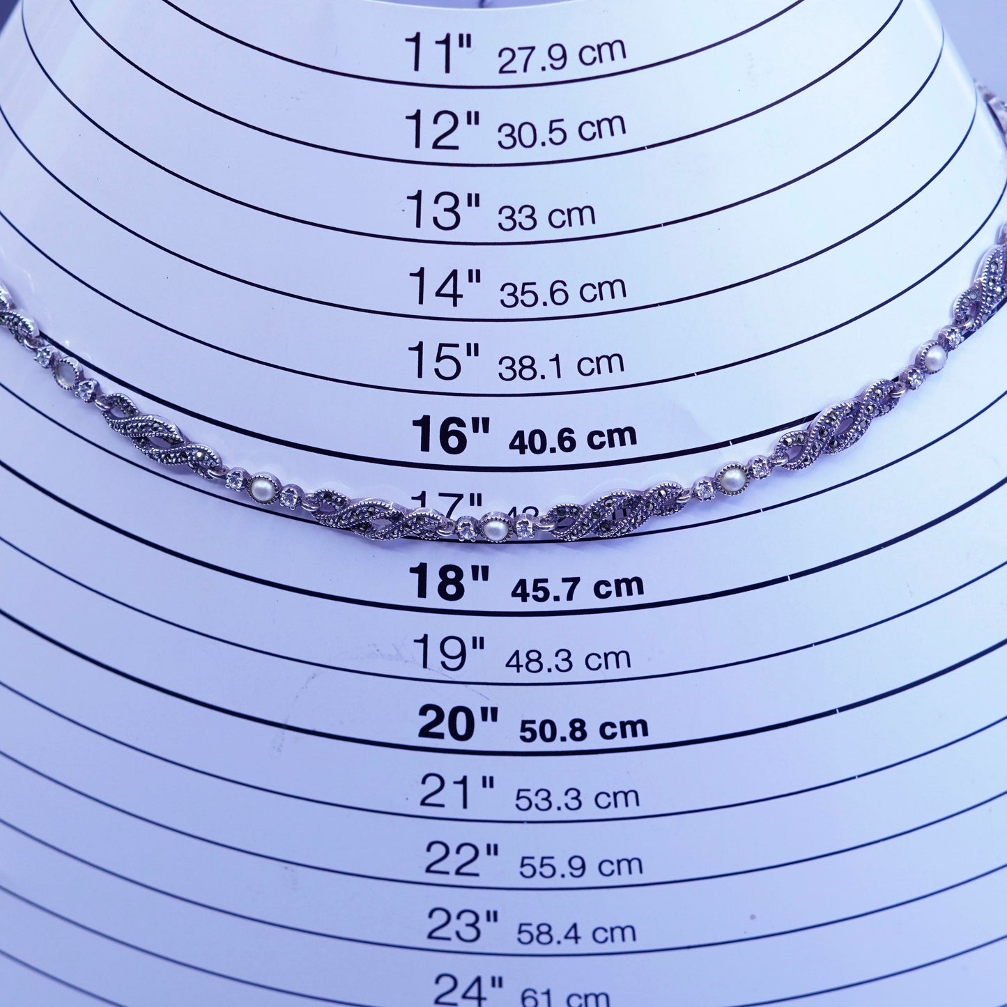 16”, Judith Jack Sterling 925 silver wavy chain tennis necklace Marcasite pearl