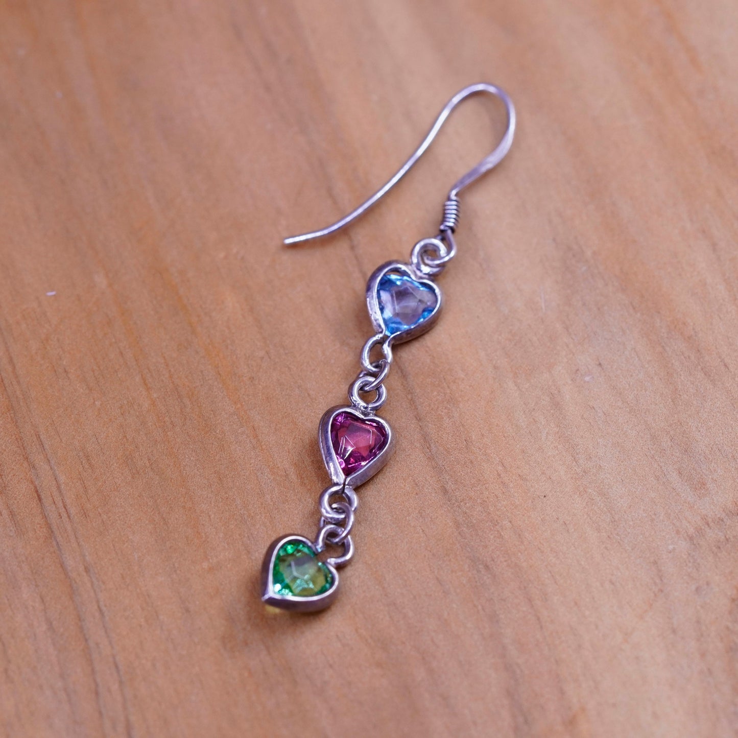 Vintage Sterling silver handmade earrings, 925 heart cz drops