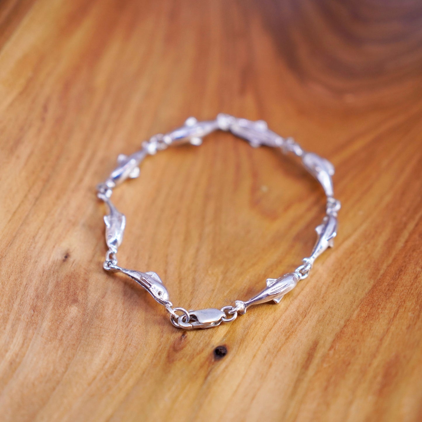 7.5”, vintage sterling 925 silver handmade bracelet, dolphin chain