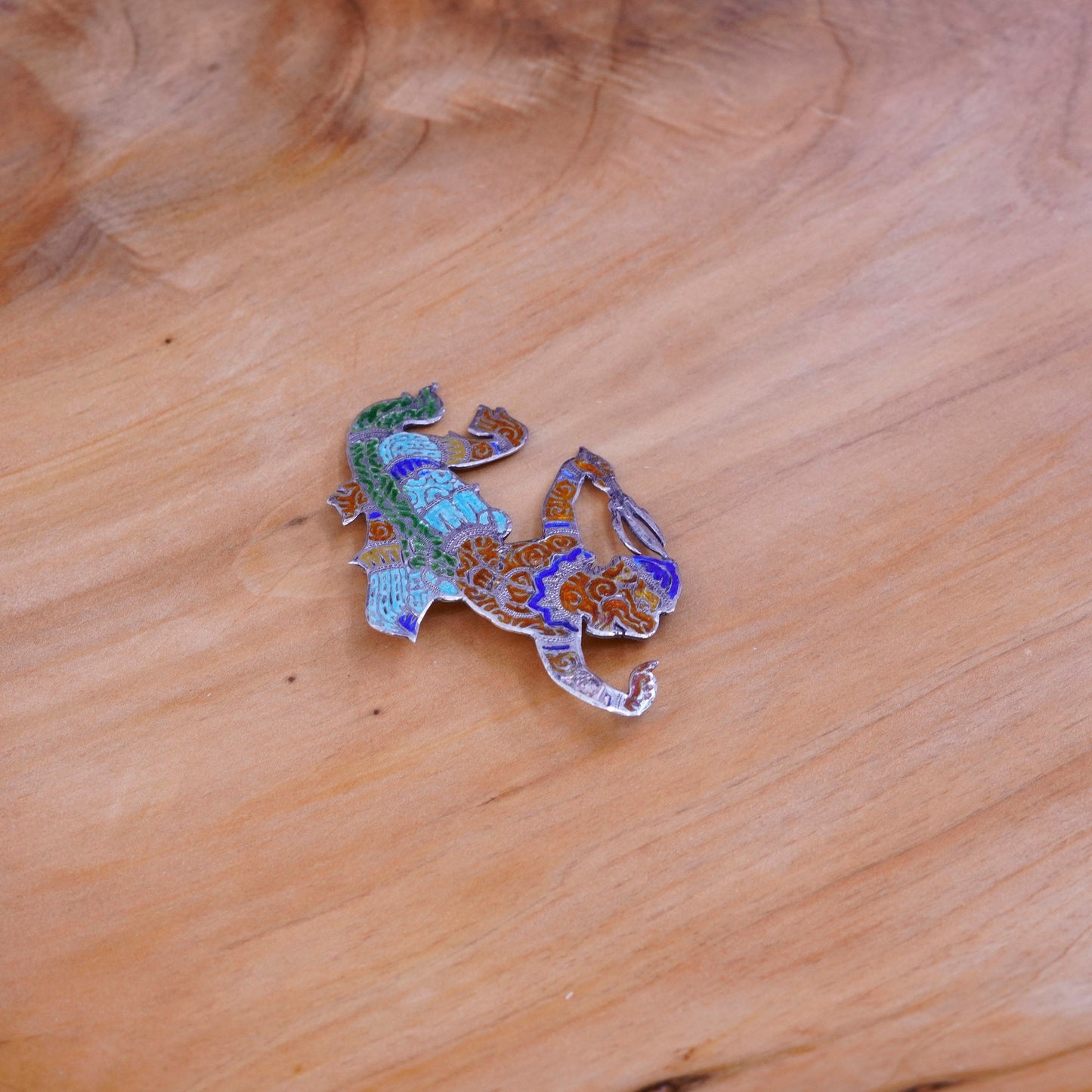 antique Spain handmade sterling 925 silver djinn brooch with enamel inlay