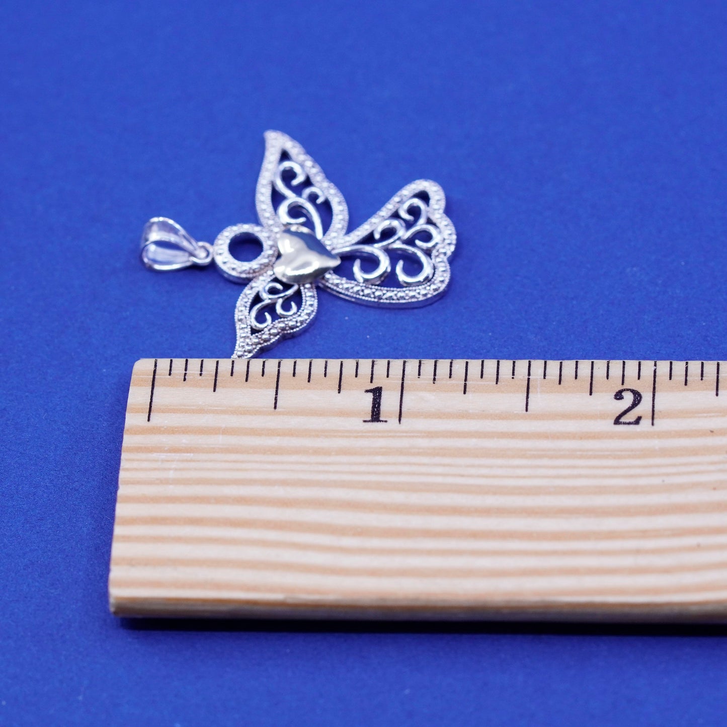 Sterling silver handmade pendant, 925 two tone filigree angel w/ 14K gold heart