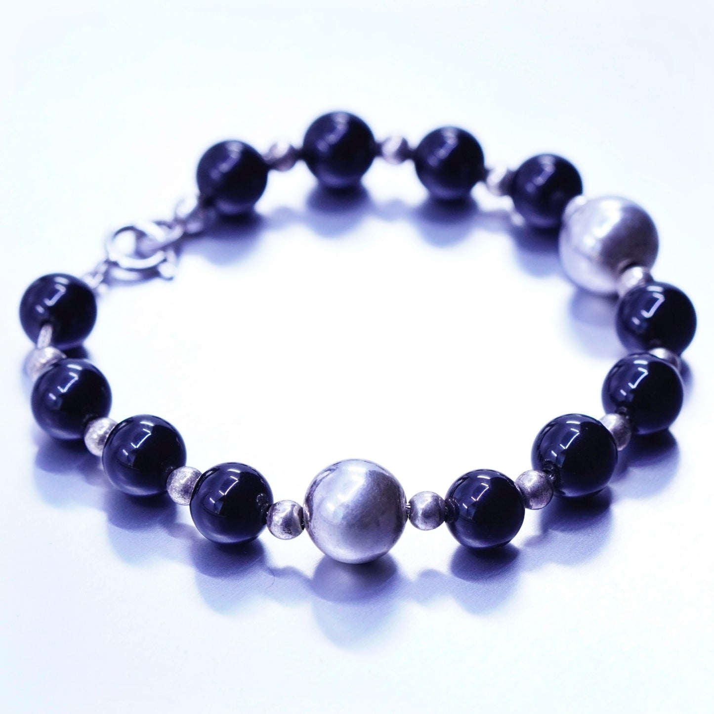6.5”, vintage bali Sterling 925 silver bracelet with obsidian beads