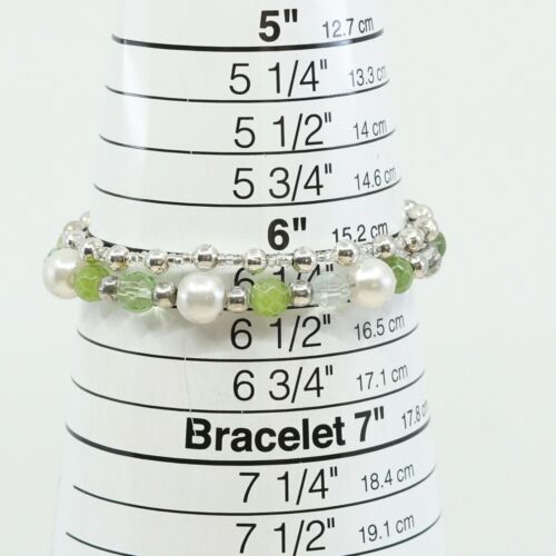 6.25”, Vtg Sterling 925 Silver Handmade Bead Bracelet W/ Pearl N Green Crustal