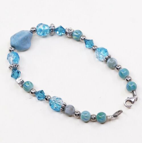 7”, Vtg Sterling Silver Handmade Bead Bracelet, 925 Crystal N Turquoise Veads