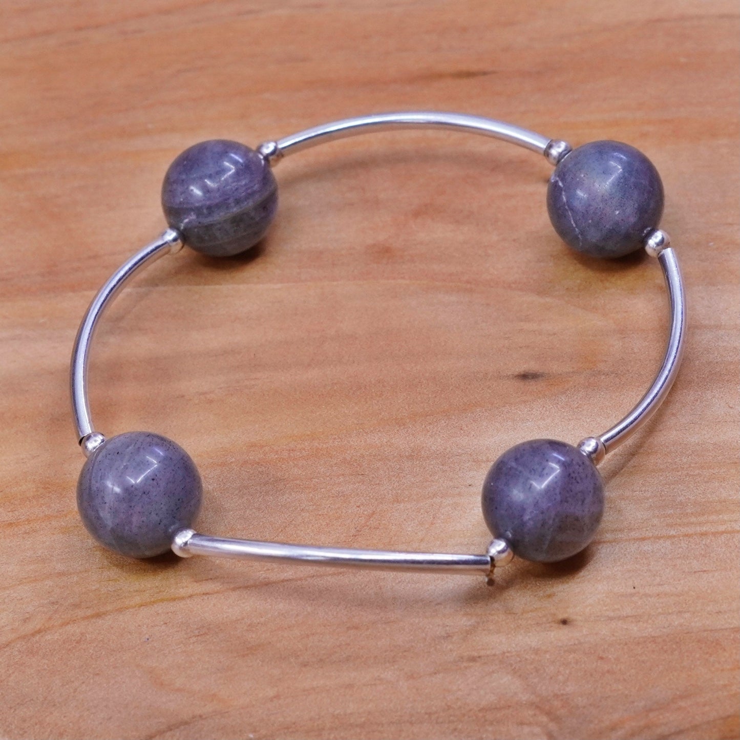 6.5”, Sterling 925 silver handmade DNA bracelet, elastic band labradorite beads