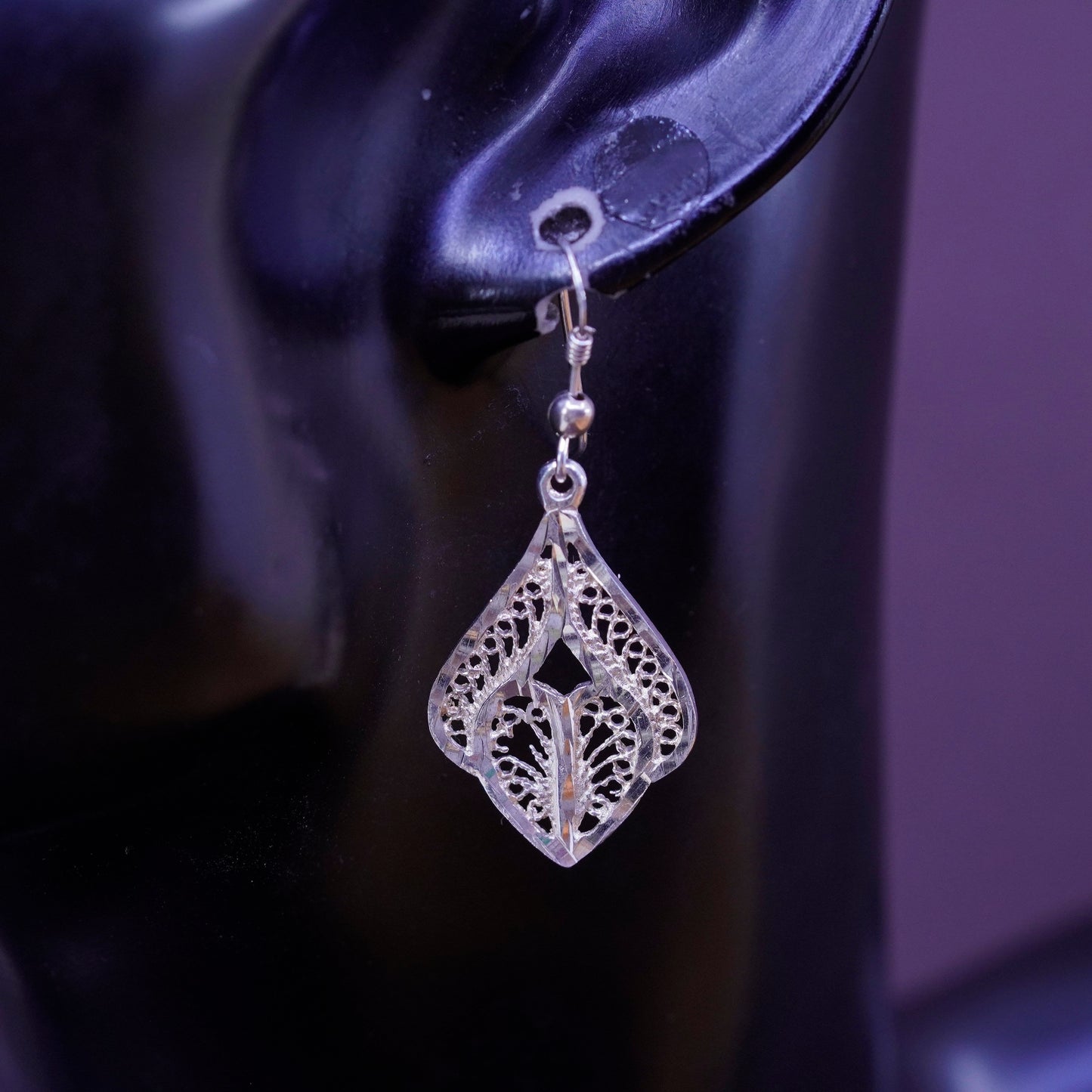 Vintage Sterling silver handmade earrings, 925 Filigree teardrops