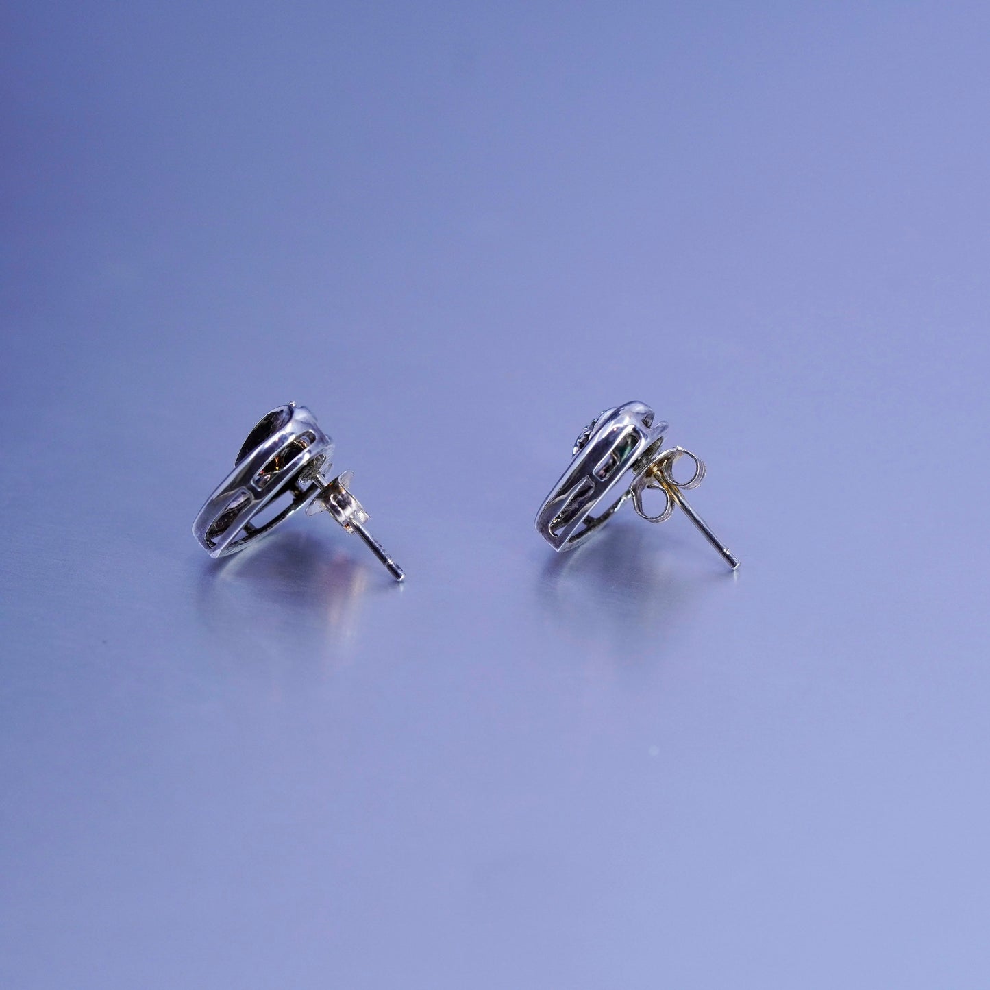 Vintage Sterling 925 silver handmade earrings, heart studs with cz