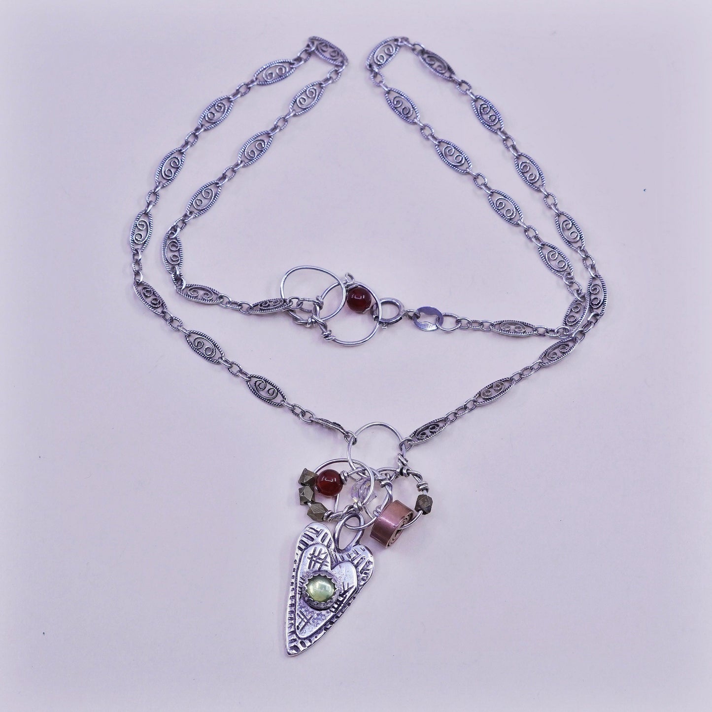 16”, Artisan Roggio sterling silver necklace 925 filigree peridot heart Pendant