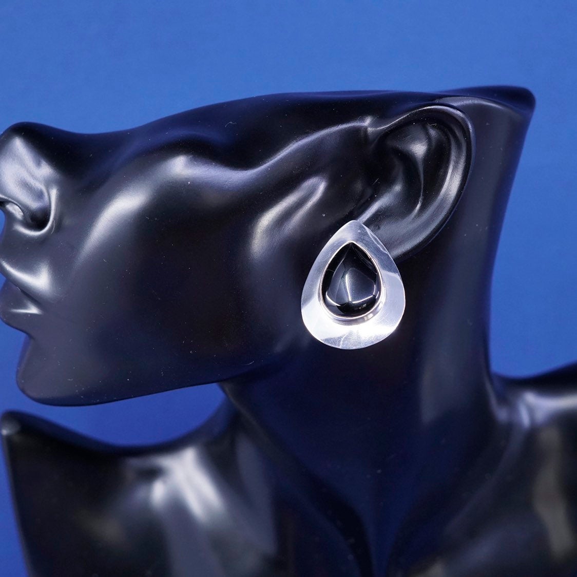 vtg Plata sterling 925 silver handmade earrings, mexico 925 studs w/ blue onyx
