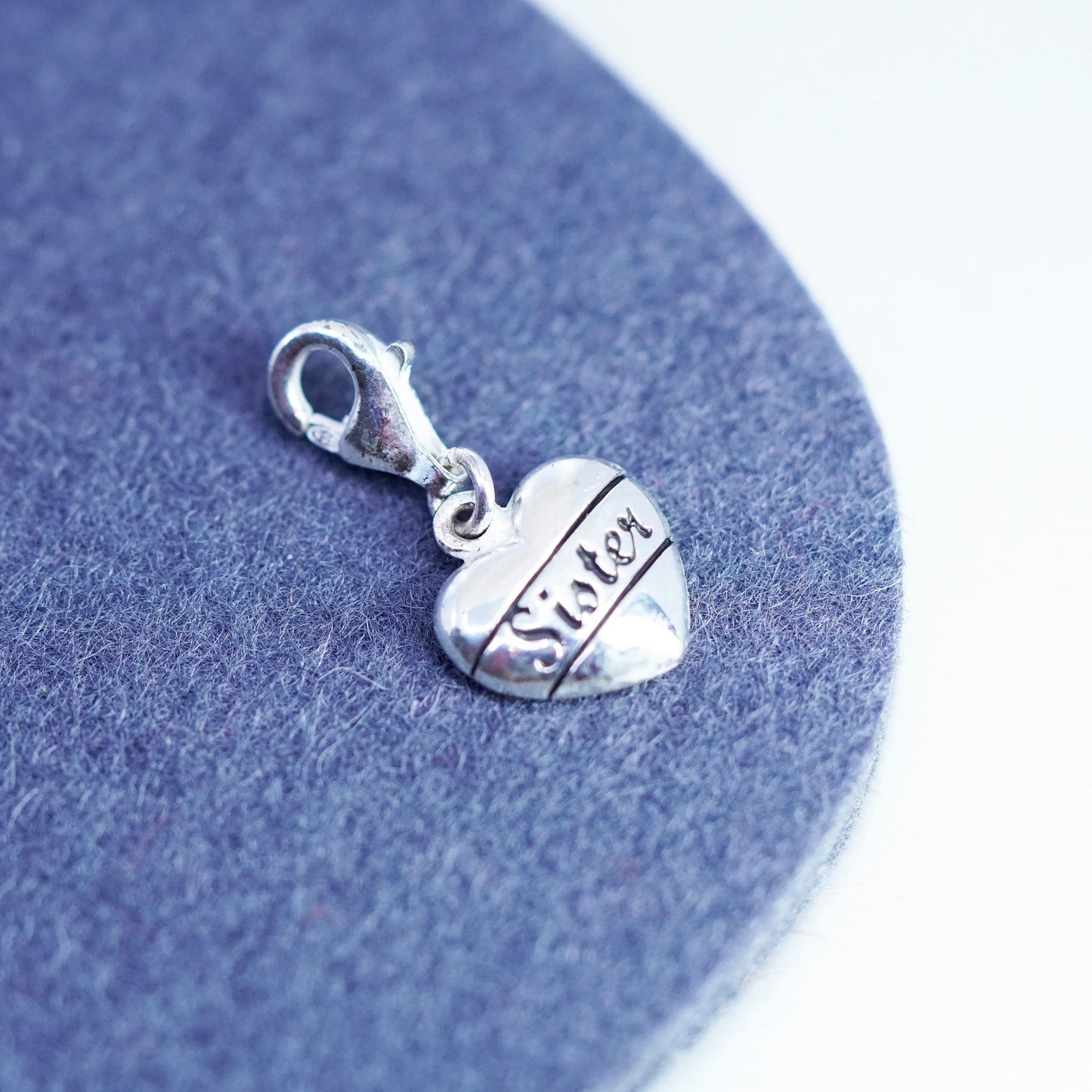 Vintage sterling 925 silver heart charm pendant with sister