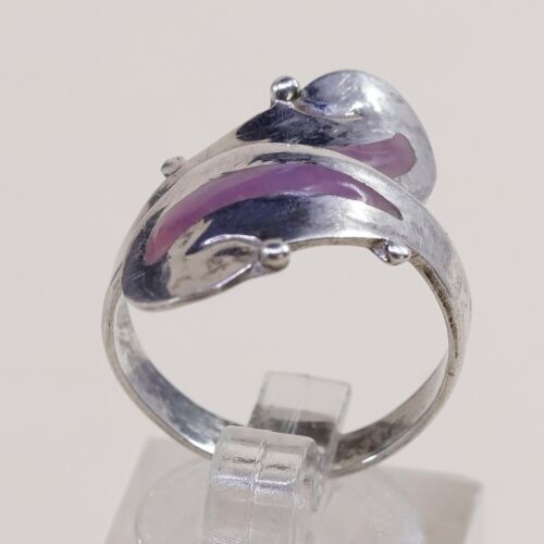 Sz 7, Vtg Sterling Silver Handmade Ring, 925 Silver Band W/ Enamel inlay