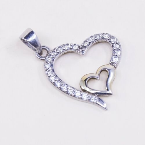 Vintage Thailand Sterling 925 Silver Double Heart Pendant W/ Cz Around