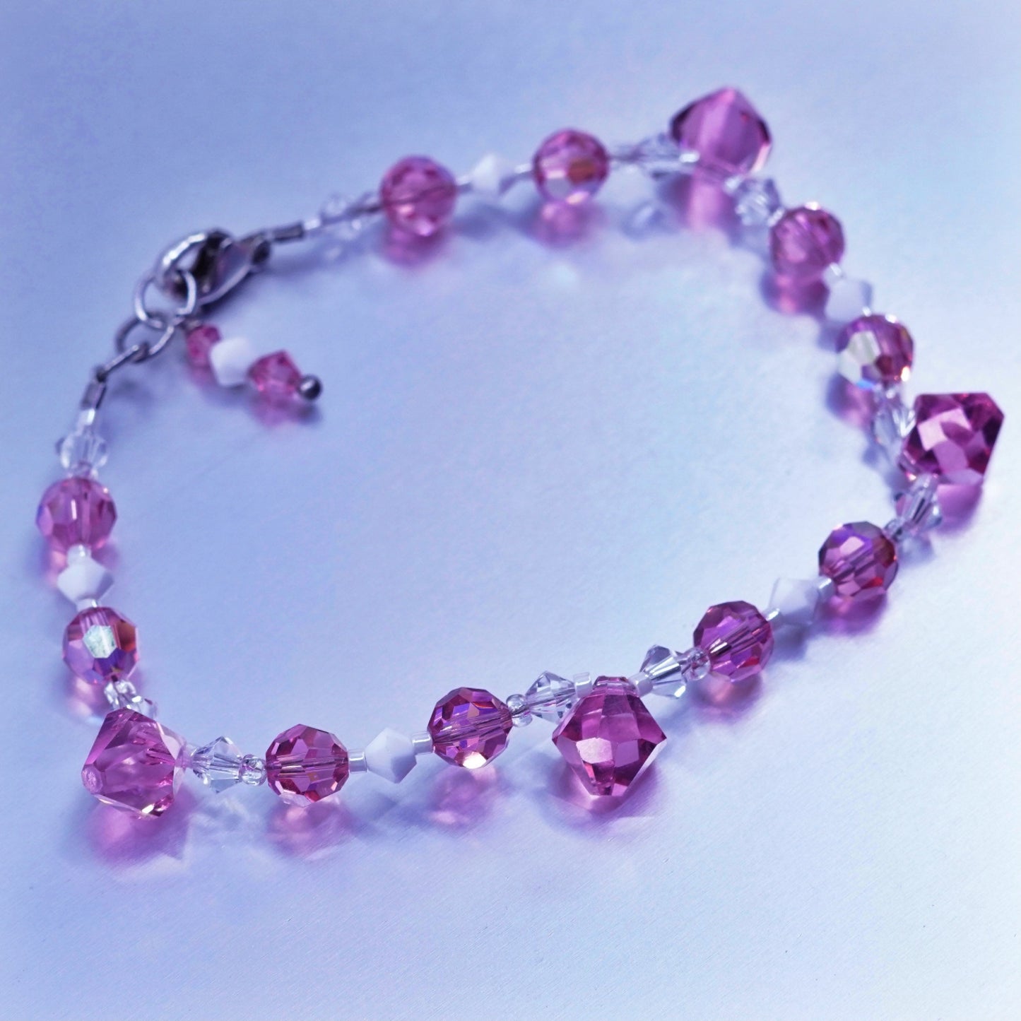 7”, vintage Sterling 925 silver handmade bracelet with pink crystal beads